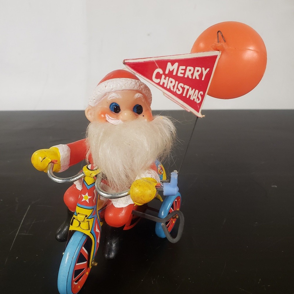 Vintage Suzuki Japan Tin Litho Wind Up Santa Claus Tricycle Bell Toy Christmas